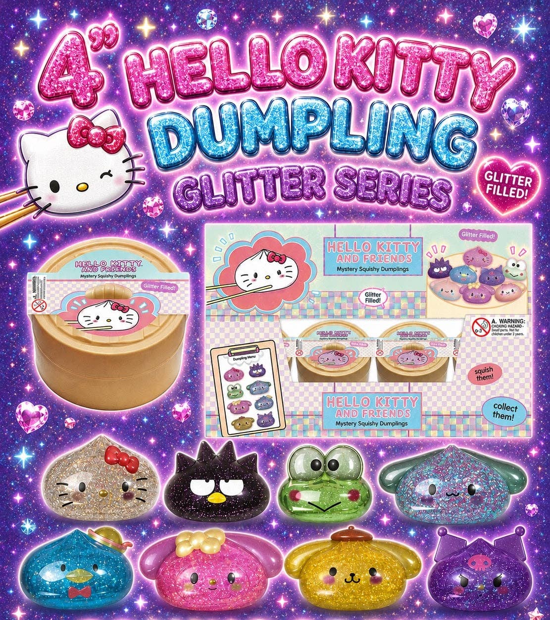 Hello Kitty and Friends Glitter Mystery Squishy Dumpling characters and collection