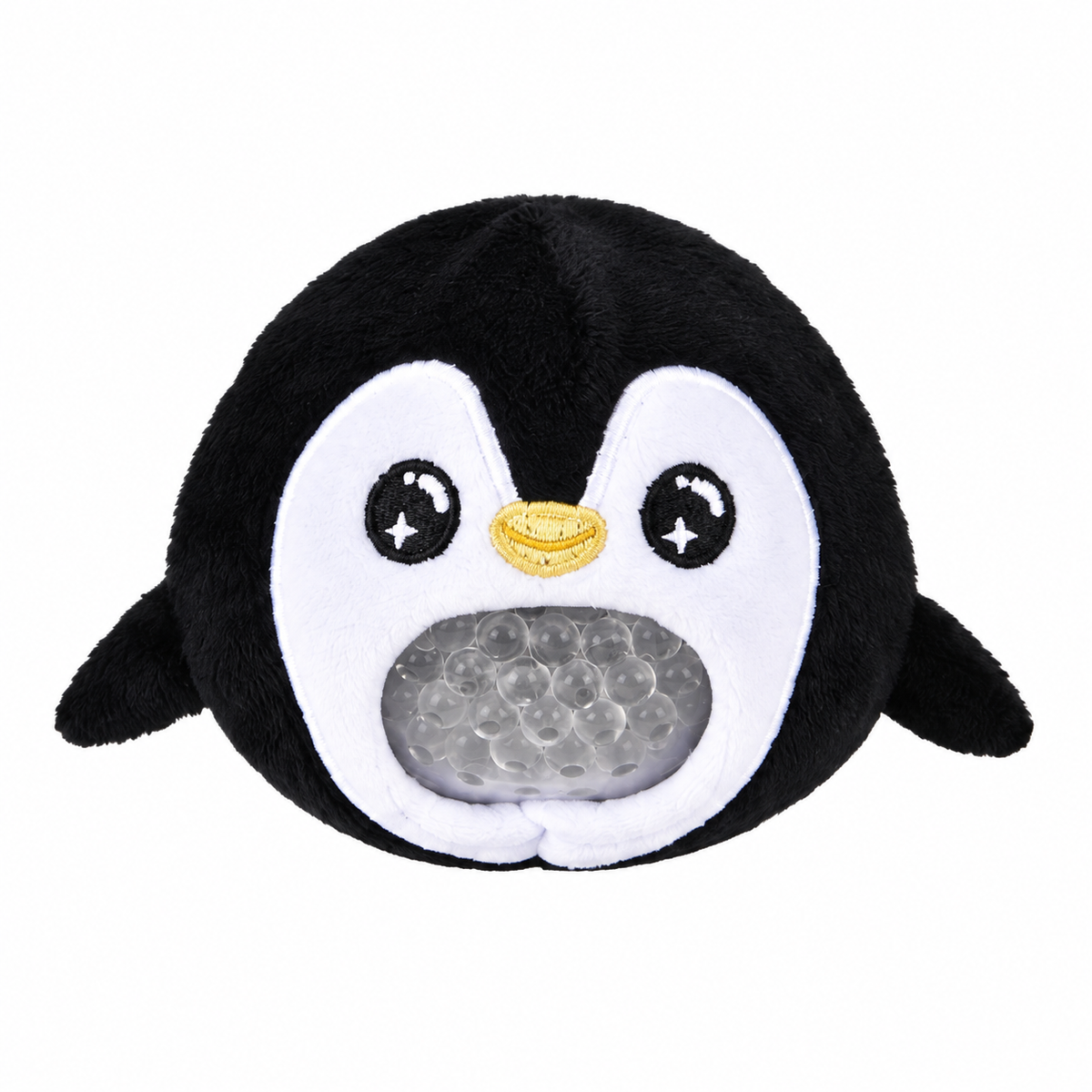 Black and white penguin Squeezy Bead Plush sensory toy with clear gel beads