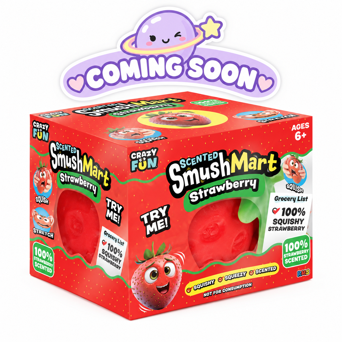 RMS SmushMart Giant Scented Strawberry Squishy in original packaging with coming soon label