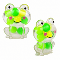 Squeezy Bead Frog toy shown from the front and side with green and yellow beads