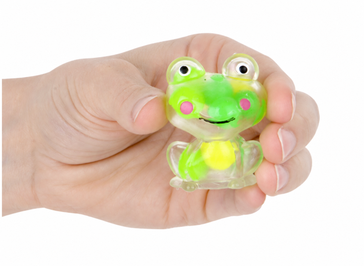 Squeezy Bead Frog sensory toy held in hand showing the clear frog and colorful beads