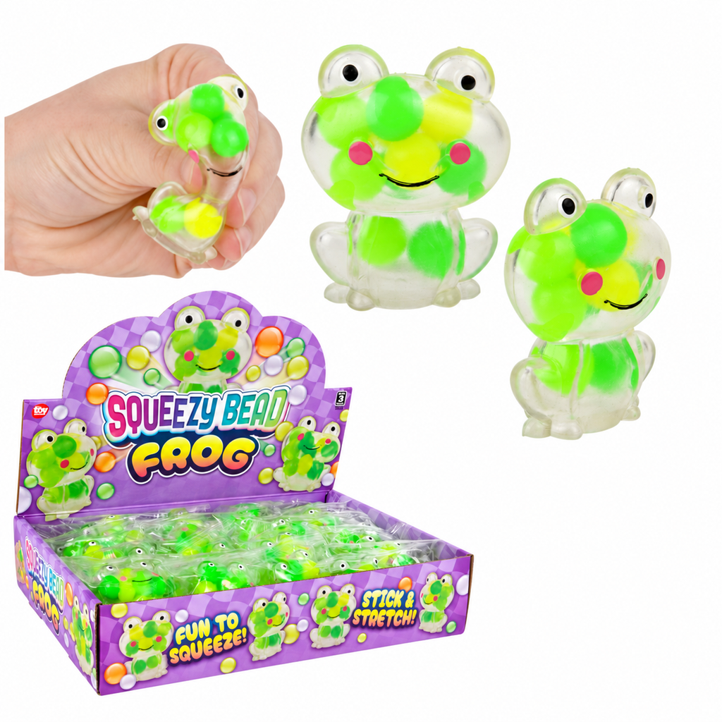 Squeezy Bead Frog sensory toy with green and yellow beads, display box and squeeze example