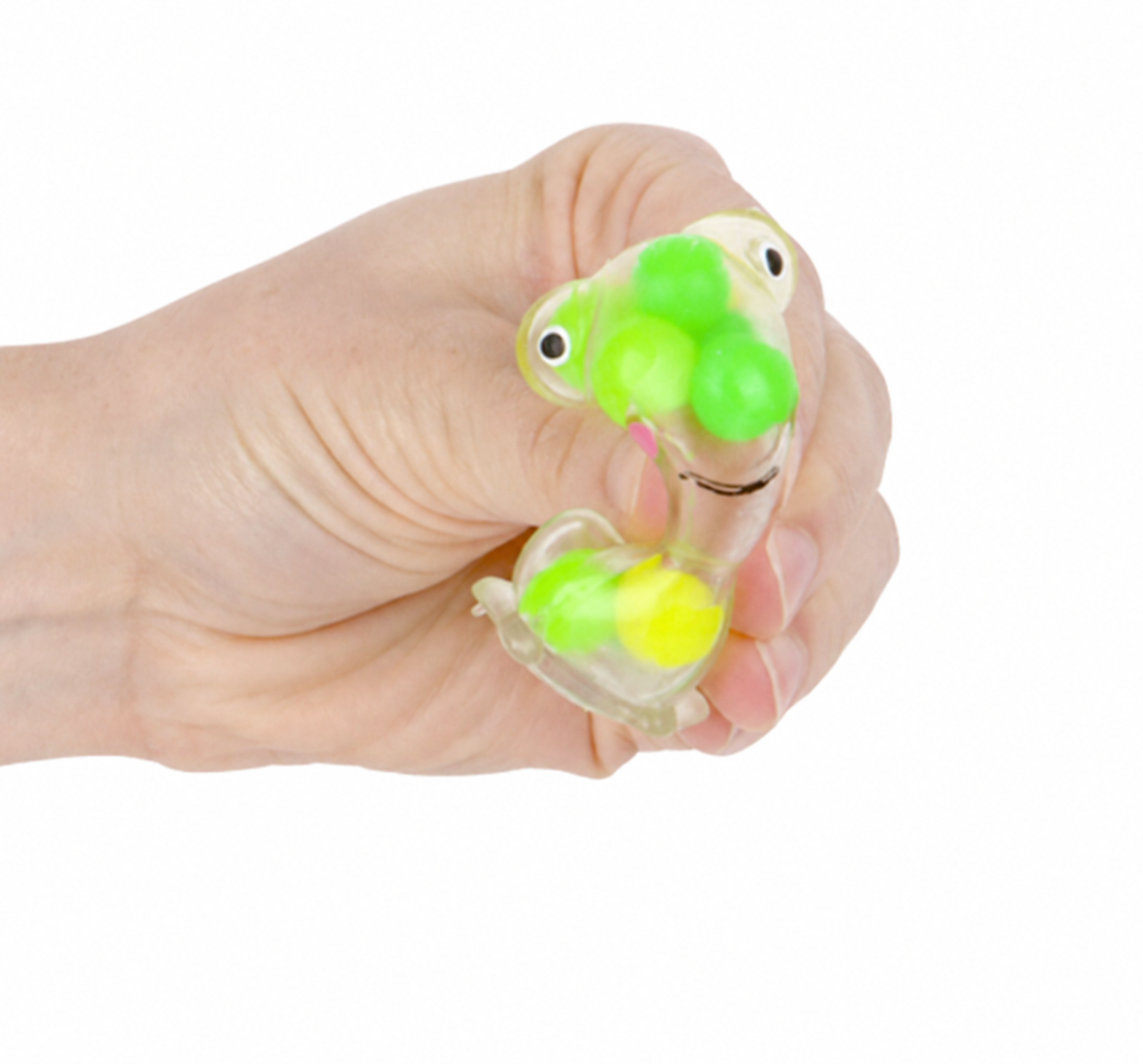 Squeezy Bead Frog toy being squeezed by hand with green and yellow beads inside