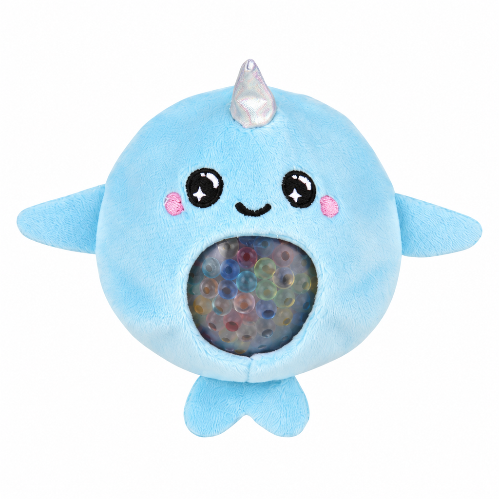 Blue narwhal Squeezy Bead Plush sensory toy with colorful gel beads