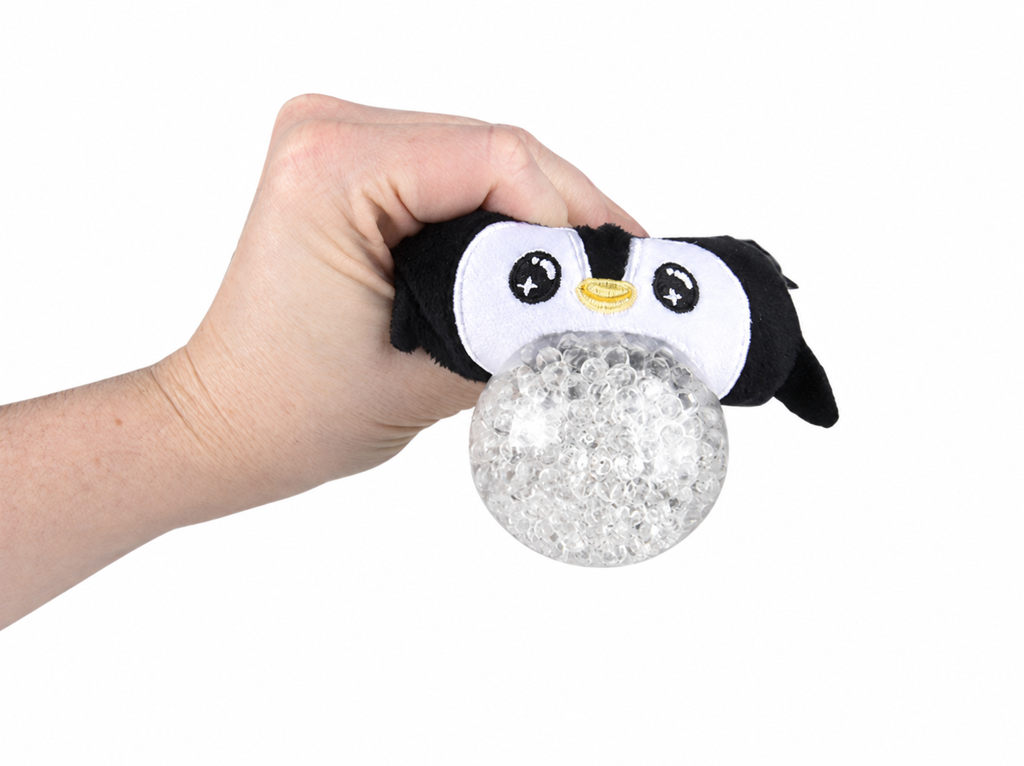 Penguin Squeezy Bead Plush being squeezed to show the clear gel bead center