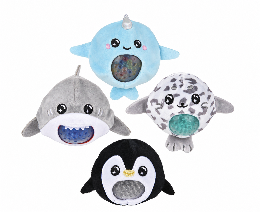 Squeezy Bead Plush Sea Life toys including narwhal, shark, seal and penguin
