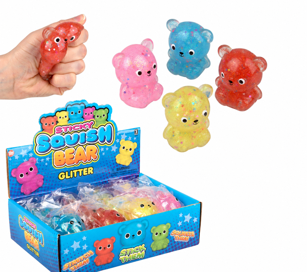 Squish Sticky Glitter Bear squishy toys with retail display box and assorted colors