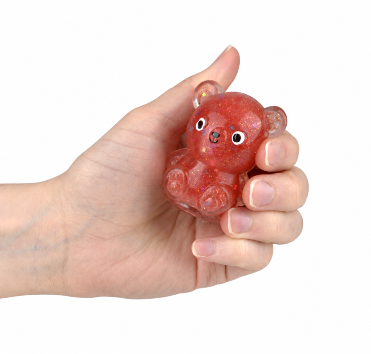 Red Squish Sticky Glitter Bear squishy toy held in hand