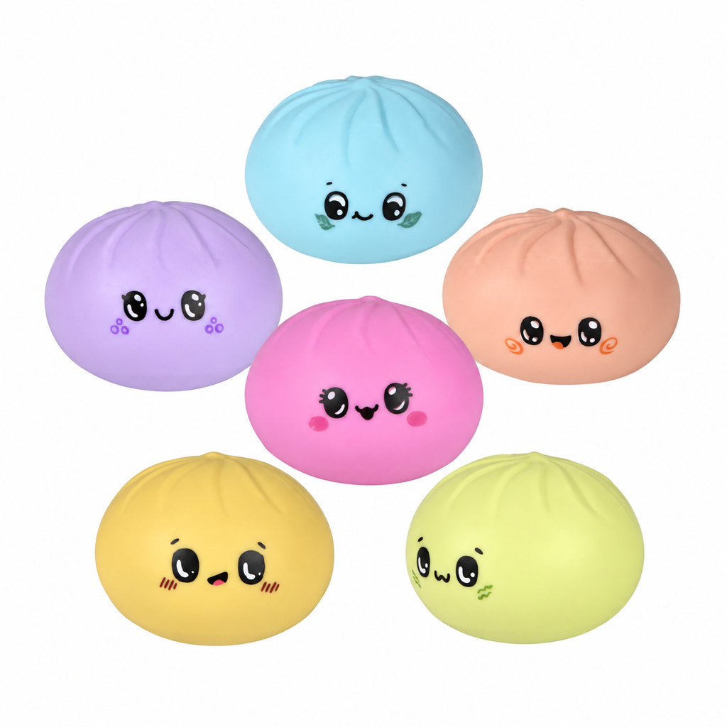 Six pastel Squish & Stretch Dumplings squishy toys in assorted mystery colors