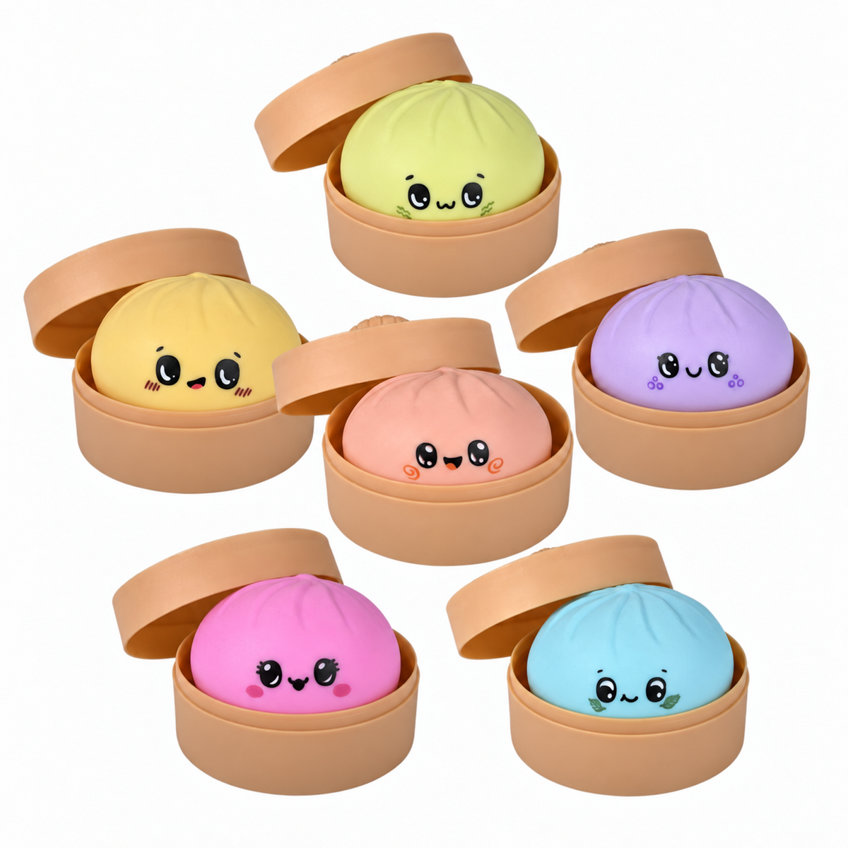 Squish & Stretch Dumplings sensory fidget toys in six pastel colors with steamer containers