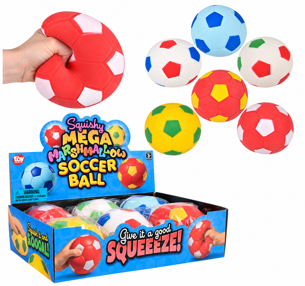Squishy Mega Marshmallow Soccer Balls in assorted colors with retail display