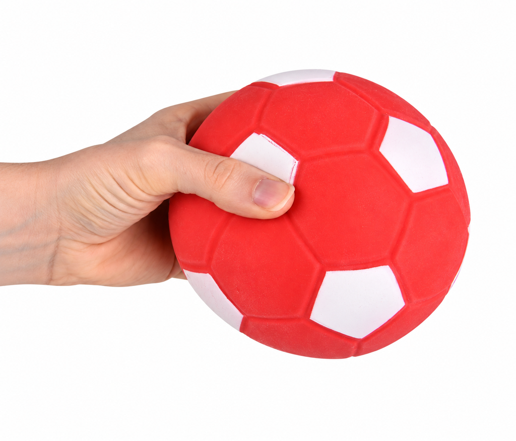 Red and white Squishy Mega Marshmallow Soccer Ball held in hand