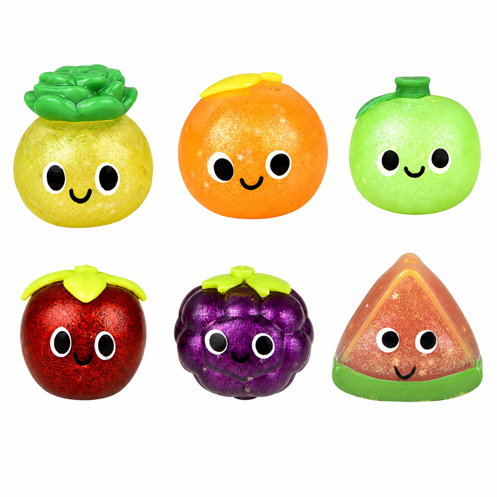 Six glittery fruit squishy toys including pineapple, orange, green apple, red strawberry, purple grape and watermelon